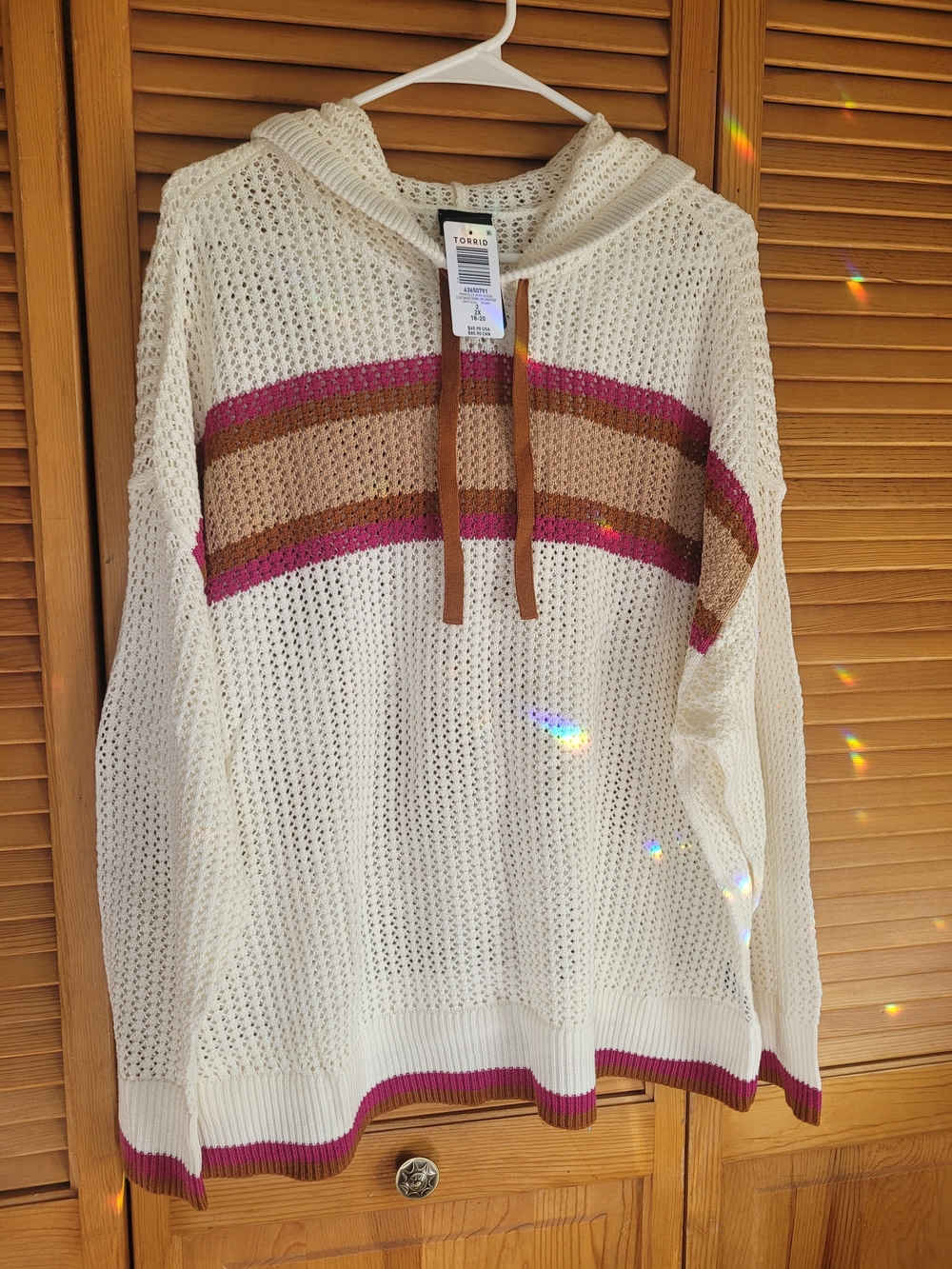 torrid Cream Open-Knit Hoodie with Pink and Brown Stripes